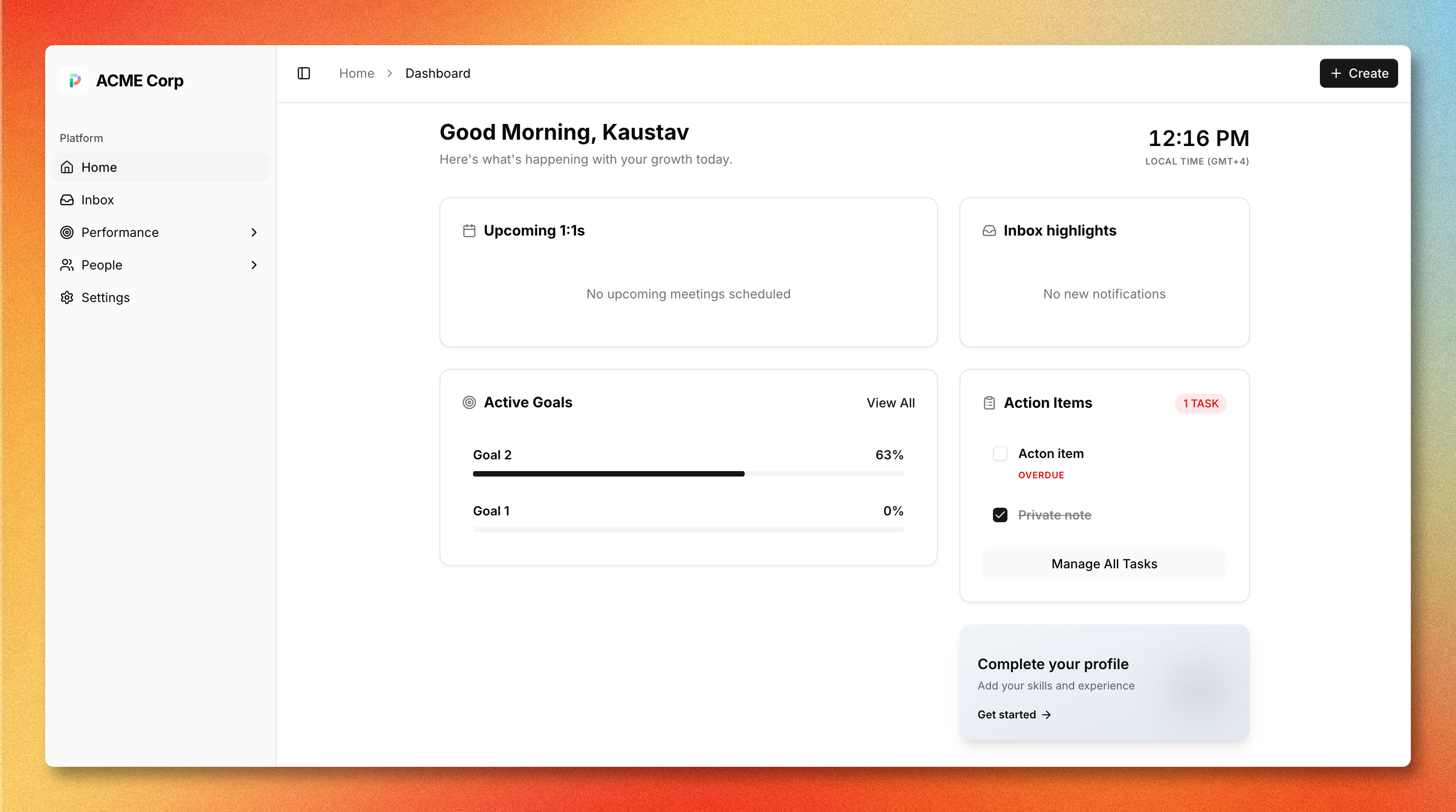 Progresify dashboard showing active goals, pending action items, and upcoming 1:1s